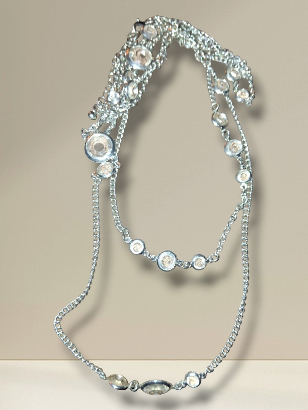Glass Crystal Silvertone Faceted Bezel Set Station Necklace Two Strand